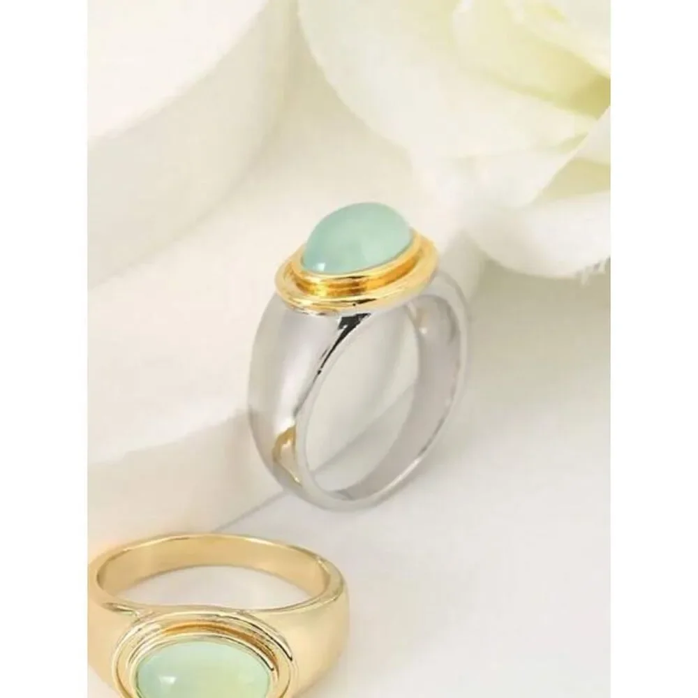 Free People Two-Tone Silver Ring with Light Aqua Cabochon R 468